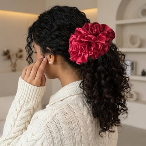 3-Pack Satin Scrunchies for Women - Large Velvety Ruffle Hair Ties, Black Brown Red
