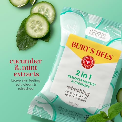 Burt's Bees Cucumber & Mint Facial Towelettes, 30 Ct - 100% Plant-Based