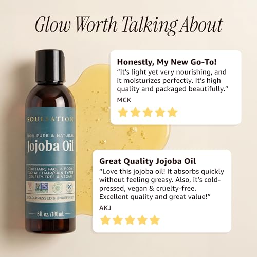 SoulSation 6oz Pure Cold Pressed Jojoba Oil for Skin, Hair, Face & Body – Vegan, Non-GMO, Cruelty-Free Moisturizer