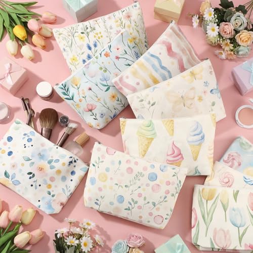 10-Pack Candy Canvas Makeup Bags for Women - Floral Cosmetic Pouches