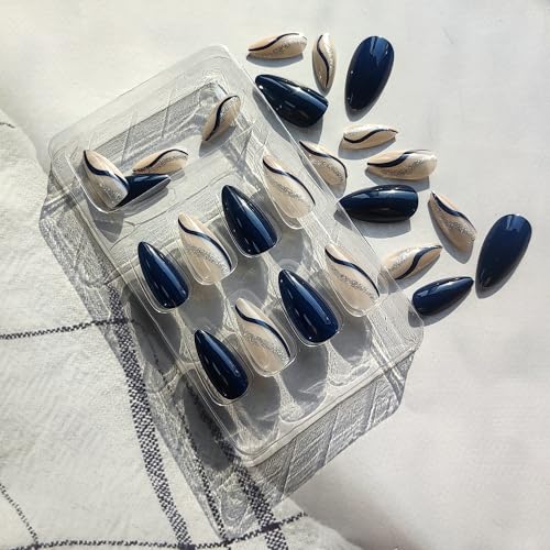 Swirl Blue Press-On Nails - Medium Length Almond Fake Nails with Glitter and Designs for Women