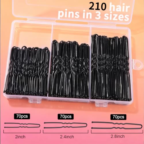 Teenitor 210 Black Hair Pins 3 Sizes U-Shaped Bobby Pins for Buns (2, 2.4, 2.8) — Clear Storage Box