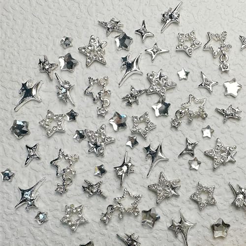 55pcs Y2K Silver Star Nail Charms - 3D Rhinestones for Nail Art