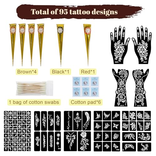 95 PCS Temporary Tattoos Stencils Kit with 6 Ink Colors, DIY Body Art Set - Funtigee