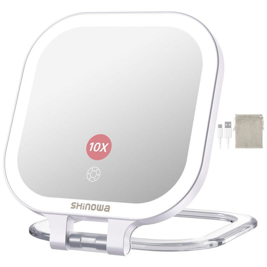 Shinowa Rechargeable Travel Makeup Mirror with 72 LED Lights, 1X/10X Magnifying Vanity Mirror with 3 Color Light, Folding Stand, 7 Inch Portable Dimmable Double Sided Compact Lighted Mirror, White