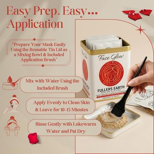 Pride Of India Fuller's Earth Powder with Rose & Aloe Vera - 12 Sachets, Reusable Applicator & Tray, Natural Face Mask for Radiant Skin