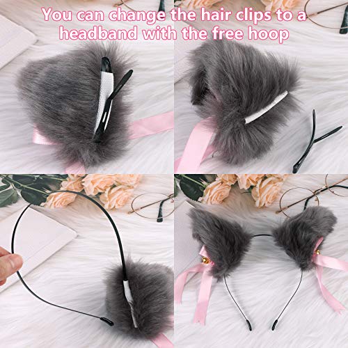 Evermarket Faux Furry Cat Ears Hair Clip with Bell - Cosplay Headband, Black-Inner Red
