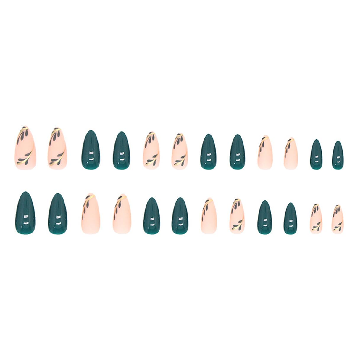 Almond Press-On Nails - Leaf Design Green Full Cover Glossy | 24PCS Manicure Set