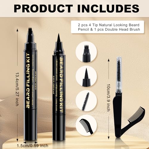 AIHOPESTO Brown Beard Pen Filler for Men with Double Head Brush & 4 Tip for Natural Full Beard