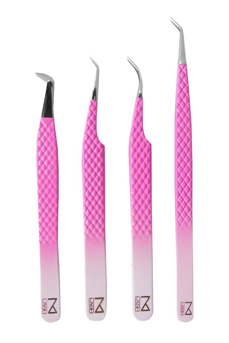 M LASH Tweezers for Eyelash Extensions (Set of 4) - Professional Lash Extension Tweezers - Fiber Tip, Japanese Steel, Diamond Grip Eyelash Extension Tweezer (PW-Ombre)