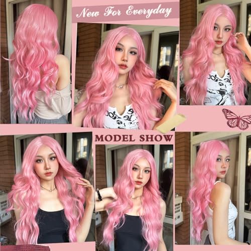 NAYOO 26 Inch Pink Wavy Synthetic Wig for Women | Heat-Resistant Cosplay & Party Wig