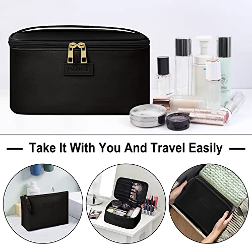 MAANGE Large Makeup Bag Set with 2 Small Pouches - Portable Leather Travel Cosmetic Organizer
