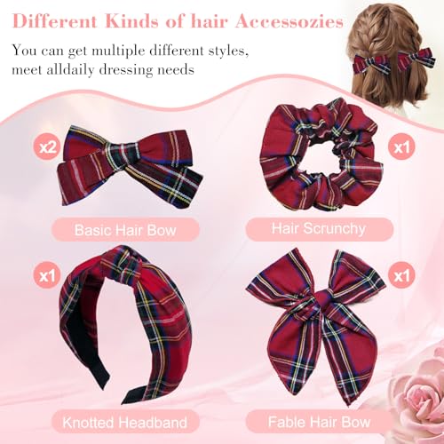 5-Piece Plaid Hair Accessory Set: Knotted Headband, Bows, and Scrunchie