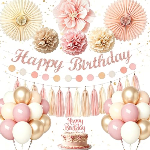 Boho Pink Birthday Decorations Set with Gold Balloons & Banner