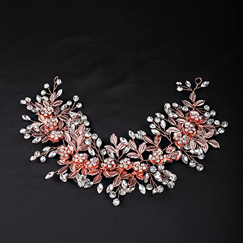 Rose Gold Bridal Hair Vine with Crystals and Pearl Flowers