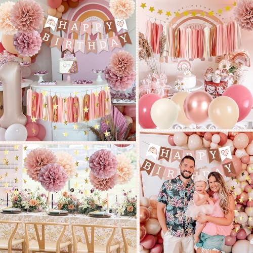 Retro Blush Pink Birthday Decorations Set for Women | Boho Party Essentials