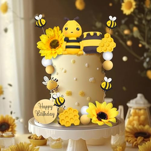 17 PCS Bee Cake Toppers Set for Honeycomb Birthday Party