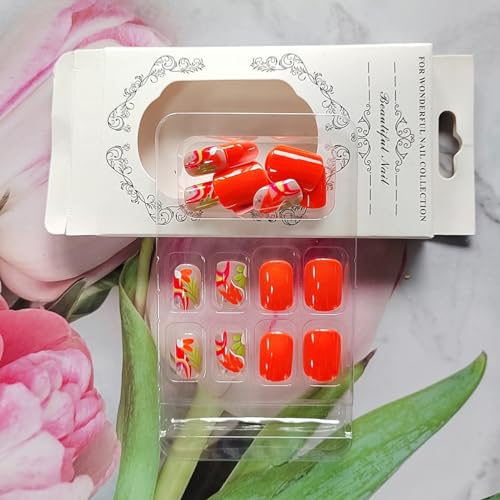 WLGDLH Design 1B1 24Pcs Orange Short Square Press On Nails with Colorful Flower Design