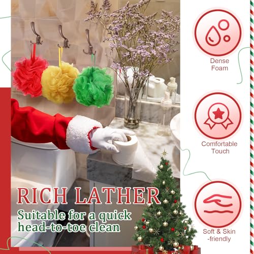 FuWeave Christmas Bath Loofah Sponge Set - 12 Pcs Red, Green, Gold Exfoliating Shower Sponges