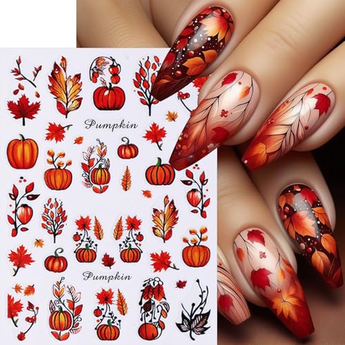 Quezadyl Falling Leaf Autumn Nail Stickers 8 Sheets Thanksgiving Pumpkin Decals
