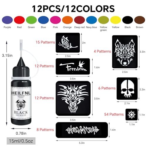 12-Color Temporary Tattoo Kit with 111 Stencils for Body Art