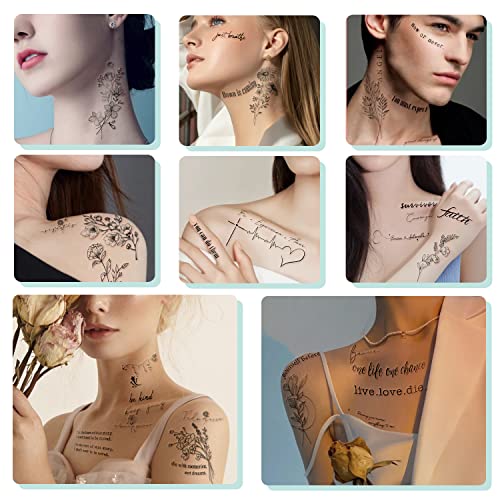 Yazhiji Black Words Flowers Temporary Tattoo Pack 90 Sheets - Inspirational Quotes & Floral Designs for Adults & Kids