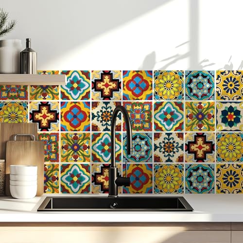 30 Pcs Mexican Talavera Peel and Stick Tile Stickers 4x4"