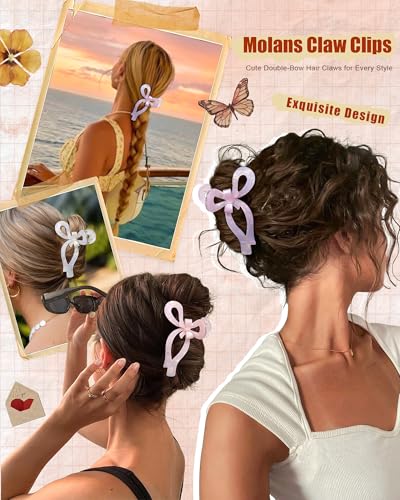 Molans 3pcs Bow Hair Clips for Women - White/Pink/Purple, Cute Thick Hair Claw Accessories