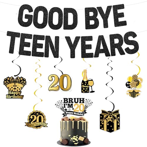20th Birthday Banner Set - Black Gold Glitter Decorations for Him