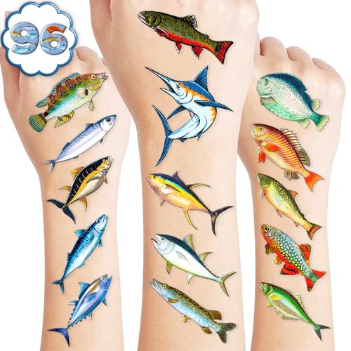 MeoIsDaBest 96 PCS Gone Fishing Kids Temporary Tattoos – Party Favors, Safe & Pre-Cut, Vibrant Designs, Kids’ Birthday Decor (Normal)