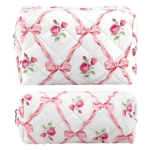 Bow Floral Cotton Quilted Makeup & Pencil Bag Set - Travel Organizer, Cosmetic & Skincare Storage