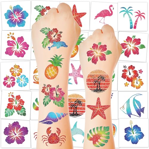 150 PCS Glitter Hawaiian Temporary Tattoos - Hibiscus & Flamingo Designs