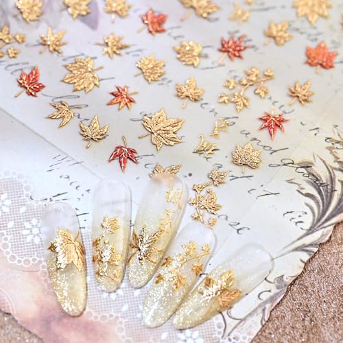 Sutaozhi Maple Leaf Stickers Style 12 - Fall Nails Art Decals, Gold Glitter Autumn Design, Thanksgiving Nail Decor, 1PCS