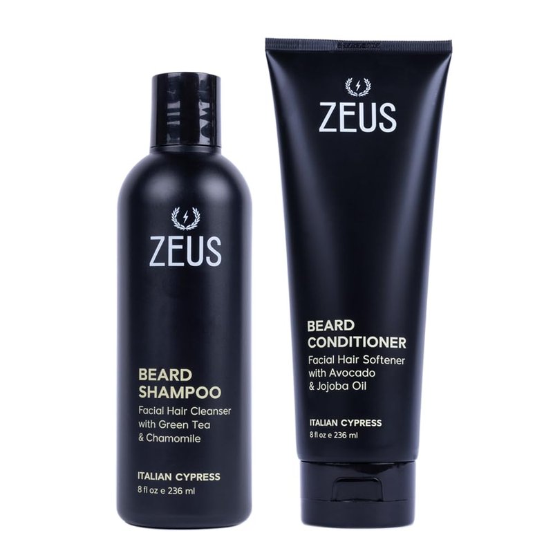 ZEUS Beard Wash Set for Men, Shampoo & Conditioner Duo with Green Tea, Chamomile & Essential Oils to Hydrates, Softens & Strengthens Facial Hair and Skin (Made in USA) Italian Cypress