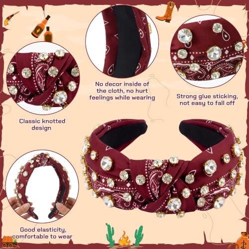 Pantide Bandana Knotted Headband with Paisley & Rhinestones, Red
