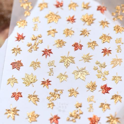 Sutaozhi Maple Leaf Stickers Style 12 - Fall Nails Art Decals, Gold Glitter Autumn Design, Thanksgiving Nail Decor, 1PCS
