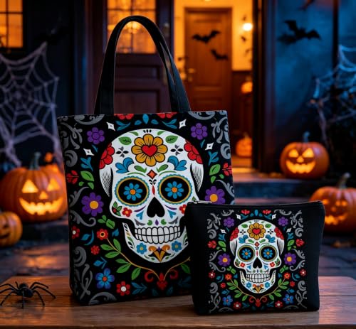 GRITOSE 2pcs Halloween Canvas Tote & Makeup Bag Set - Style25 Skull Print