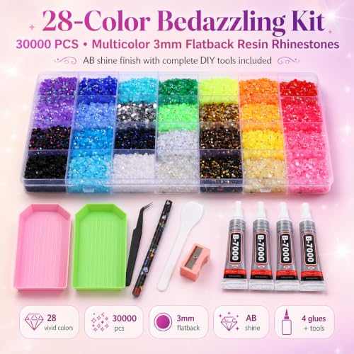 30000PCS DIY Rhinestone Bedazzling Kit with 28 Colors & Glue for Crafts, Nails, Phone Cases & Apparel