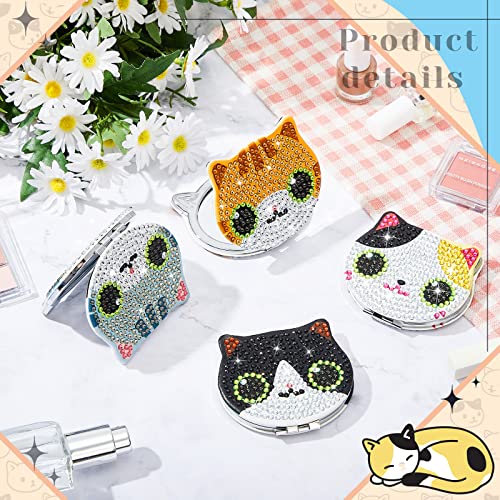 4 Pcs DIY Diamond Painting Compact Mirror Set - Cat Design Pocket Mirror