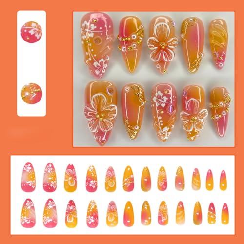 24Pcs Medium Almond Flower Press On Nails with Gold Beads