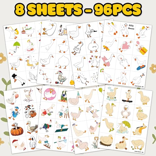 96PCS Kids Temporary Tattoos Silly Goose Design Pre-Cut Waterproof Safe for Kids Boys Girls