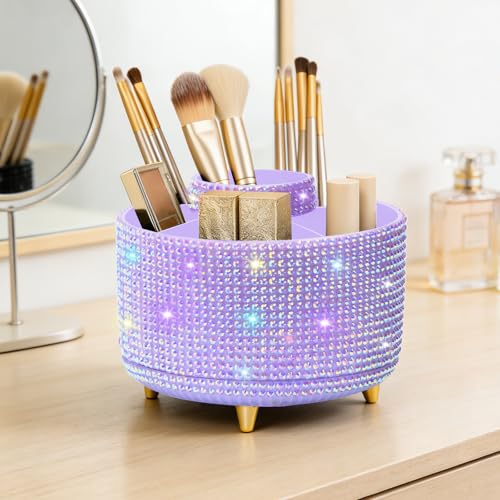 Diesisa 360° Rotating Bling Makeup Organizer - 5-Slot Diamond Purple Holder