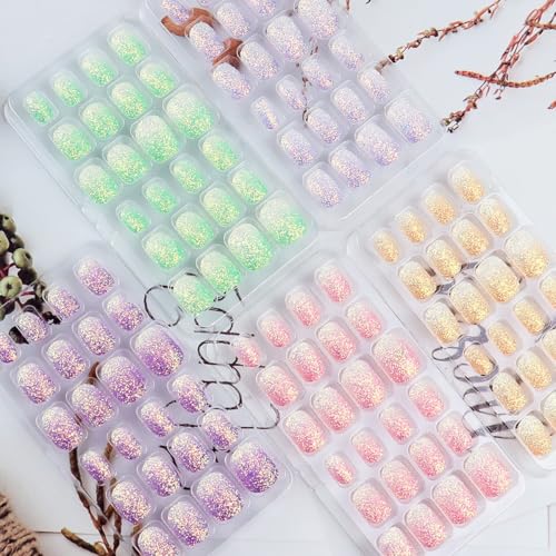 TACITSU 120 Pcs Kids Press-On Nails Set Gradient Glitter - Short Oval Shape