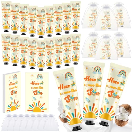Here Comes the Son Baby Shower Hand Cream Gift Set - 24 Travel Size Coconut Lotion & Organza Bags