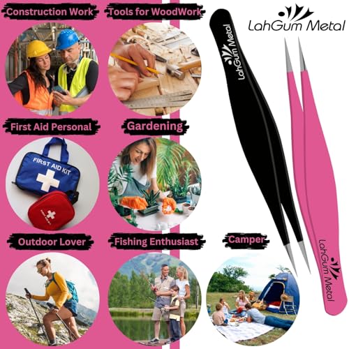 LahGum Metal Precision Needle Nose Tweezers 2-Piece Black & Pink for Ingrown Hair Removal
