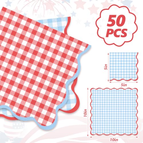 FYSUIMU 50Pcs Scalloped Gingham Cocktail Napkins - Red & Light Blue