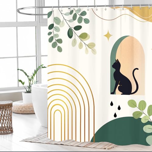 Dazzlewall Boho Black Cat Shower Curtain - 72x72 in, Water-Resistant
