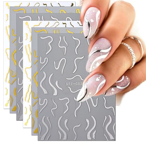Gold Nail Stickers 6 Sheets DIY Nail Art Decals Self-Adhesive for Manicure & Pedicure