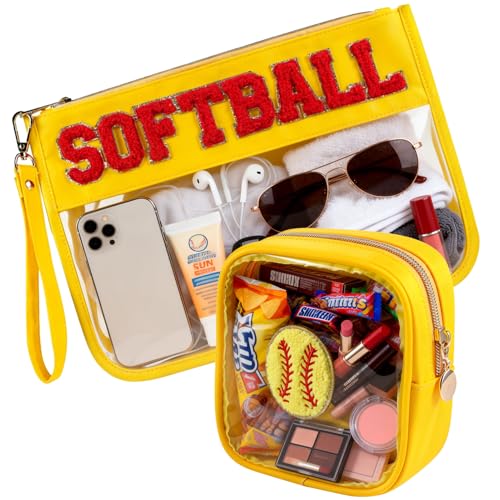 Softball-Yellow Makeup Bag Set | 2-Pc Waterproof Organizer with Chenille Patch