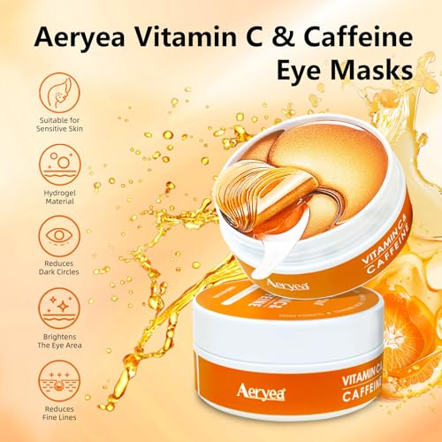 Aeryea 60 Count Vitamin C & Caffeine Under Eye Patches for Dark Circles & Puffiness - Hydrating Collagen Gel Masks for Men & Women